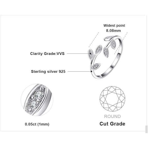 Olivenblad Kubisk Zirkonia Justerbar Åben Ring i Sterlingsølv