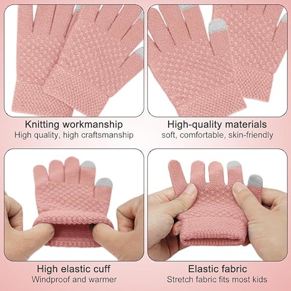 Vintermössa, Halsduk och Vantar Set för Barn, 3-Delar Stickad Varm Crochet Tjock Fluffig Halsduk Pom Pom Mössa Två Fingrar Touch Screen Vantar Set Pink