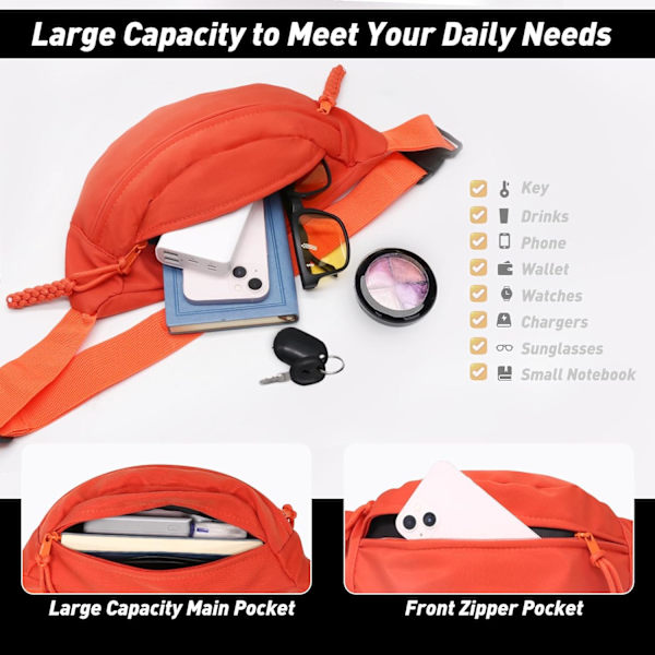 Lång Hållare Midjeväska Fanny Pack för Kvinnor Män Mode Midjeväska Bumbag Cross Body Justerbar Reseväska Stora Fickor för Löpning Orange