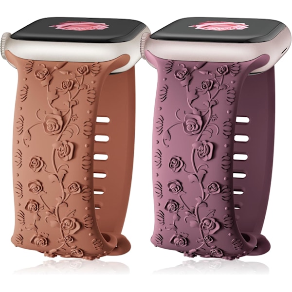 Gravert Rem for Apple Watch-reimer, iwatch-reim Kvinner, Myk Silikon Rose Blomstermønster Bånd for iWatch Series-reim Cherry/Brown 38/40/41mm