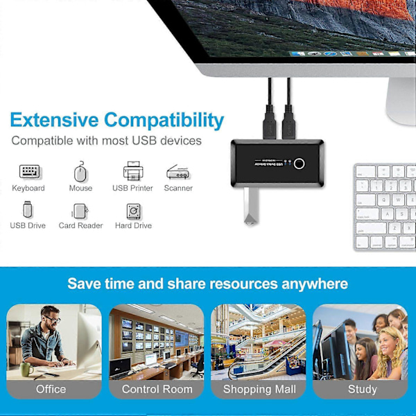 USB 3.0 -kytkinvalitsin, 2 tietokonetta jakavat 4 laitetta, sopii hiirelle, näppäimistölle ja tulostimelle