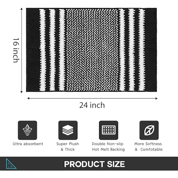Badematte Teppe Ekstra Myk og Absorberende Fluffy Stripete Chenille, Sklisikker Lussete Badegulvmatte, Maskinvaskbar (40 x 60 cm) Black