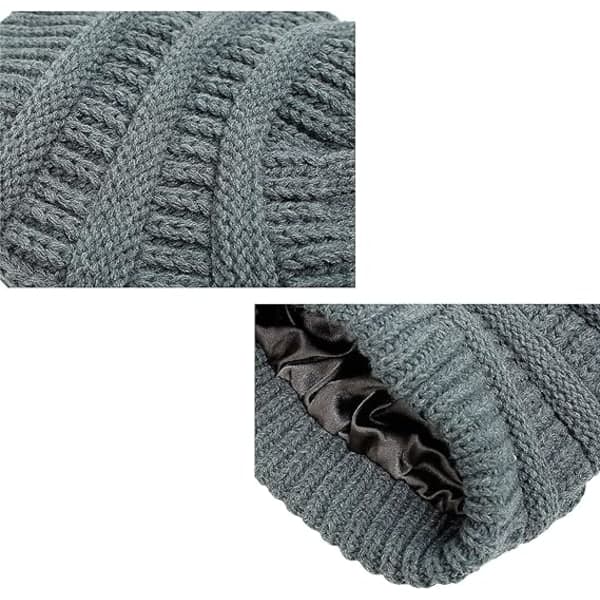 Varm stickad vintermössa med satin-foder, kabelstickad beanie, tjock slouchy skull cap för kvinnor (Grå)