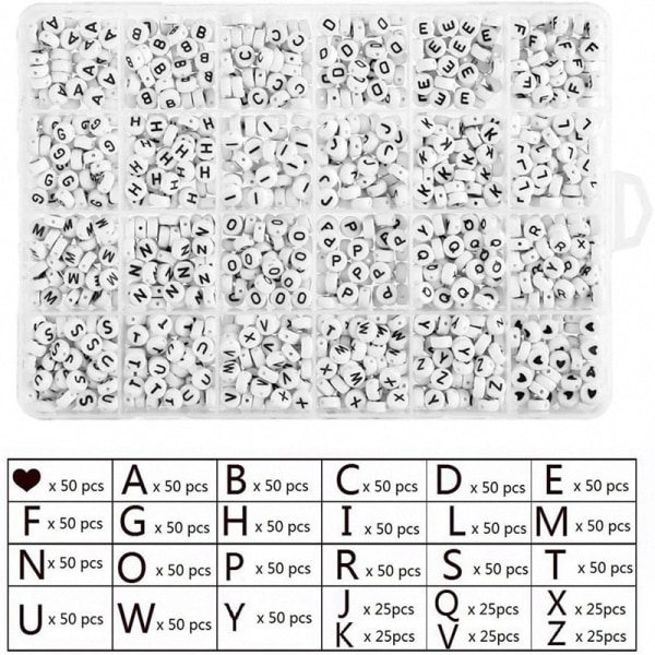 DIY - Pärllåda - Bokstavspärlor - 1400st + Elastisk tråd Vit