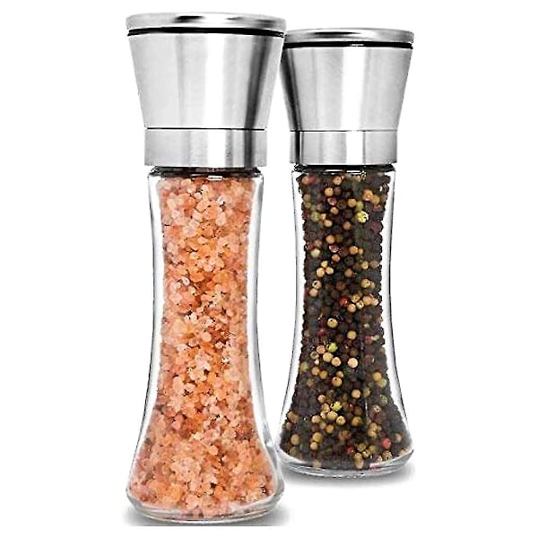 2-delt sæt Premium salt- og peberkværn i rustfrit stål Justerbar keramisk havsaltkværn Peberkværn Høje salt- og peberbøsser i glas 2pcs Tall