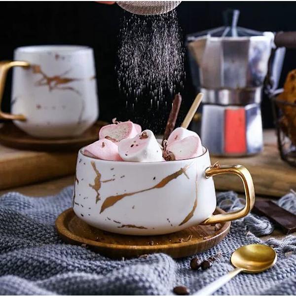 Porcelæn Te Kop Kaffe Kande Sæt til Eftermiddagste - Marmor Mønster (Sort, Kort 300ml + Træ Underkop)