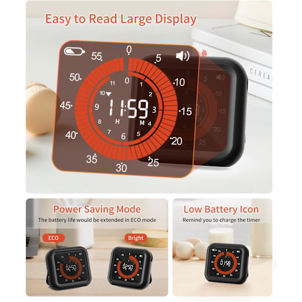 Digital Visuell Timer - Max 11T 59M Oppladbar Nedtellingstimer med VA-Skjerm, Tydelige Tall, Justerbar Volum