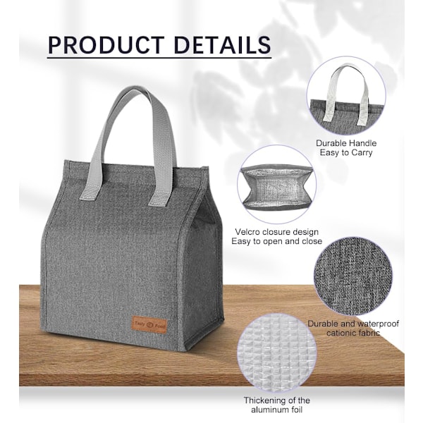 Lunsjposer for Kvinner Menn, Bærbar Isolerende Lunsjpose Vannresistent Lekkasjesikker Lunsjboks Tote Bag for Barn Jenter Gutter Voksne Grey