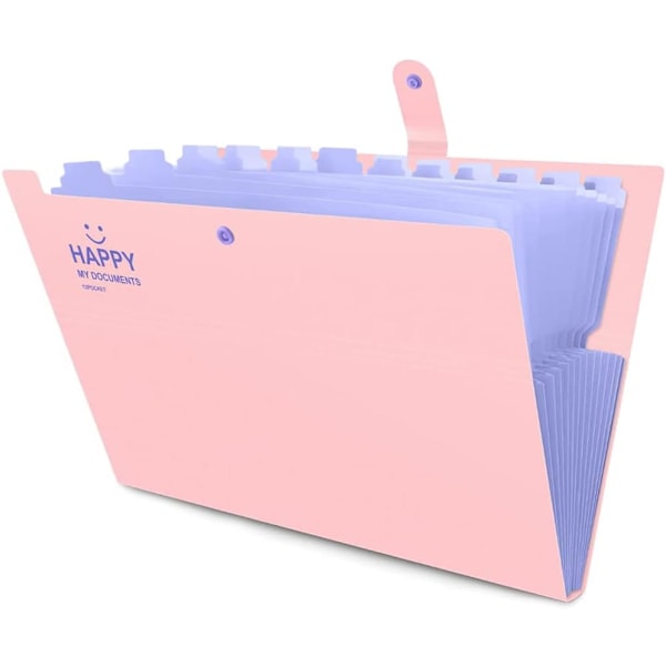 Expanderbar mapp, filorganisatör, A4-mapp, hög kapacitet, lätt att bära, med spännesstängning och 12 fack Pink