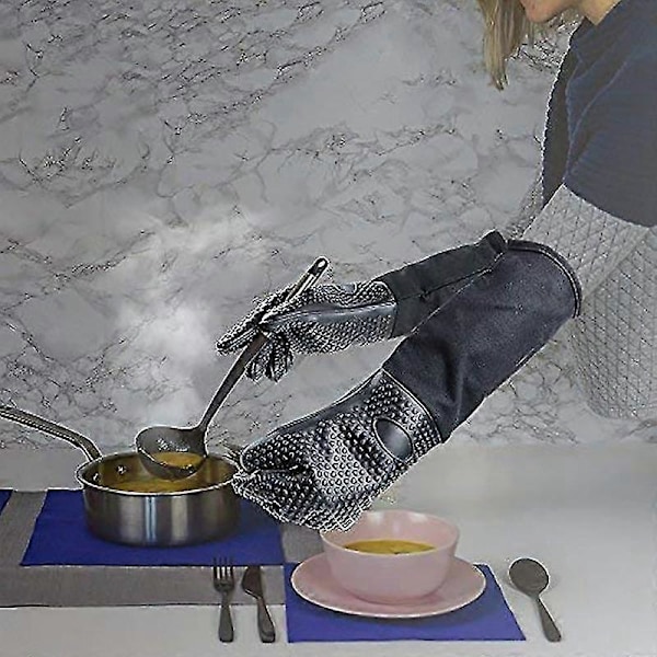 Extra Lång Professionell Silikon Grytvante, Värmebeständig Matlagningshandske Med Intern Bomull För Kök, BBQ, Bakning, Grill -