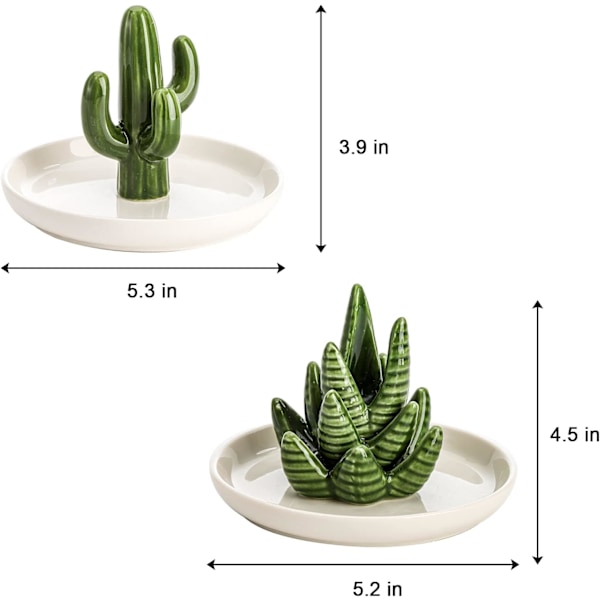 Sett med 2 Aloe og Kaktus Ringholderfat, Keramisk Smykkefat Armbånd Øredobber Halskjede Organizer, Dekorativt Pyntefat for Bryllup