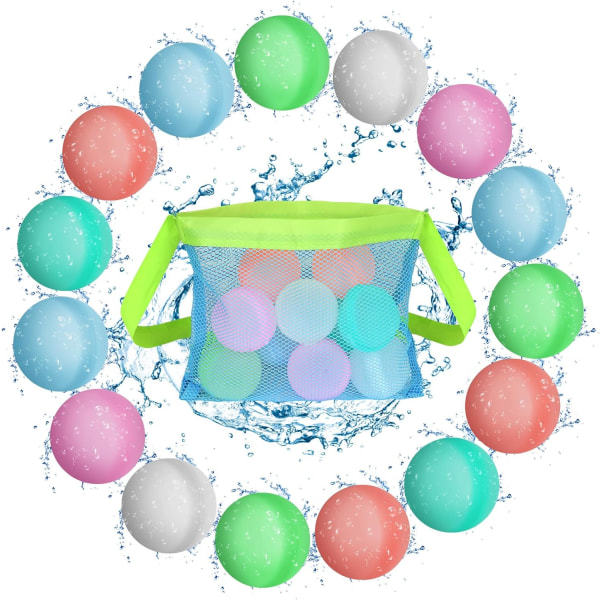 Reusable Water Balloons, 15PCS Refillable Water Bomb Balloons with Mesh Bag, Silicone Water Balls for Kids Adults Summer