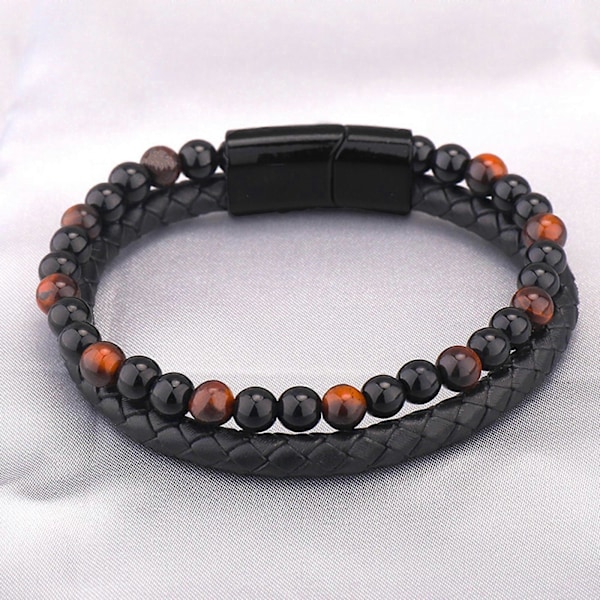Håndlaget lær armbånd for menn med naturlige steiner - Perfekt gave 2