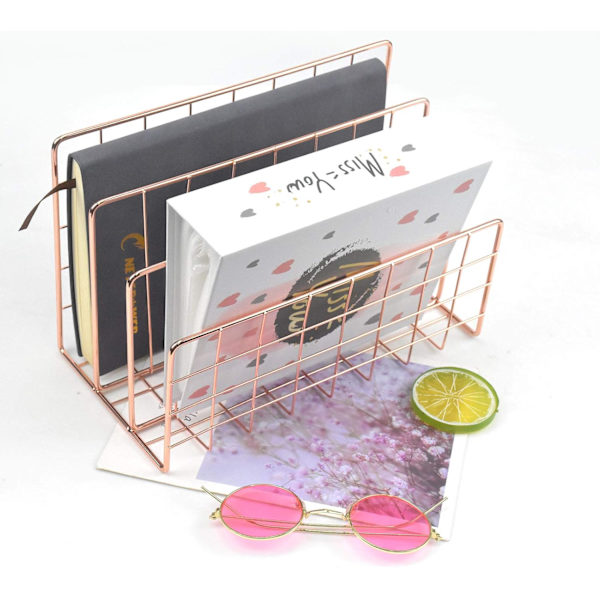 Metallisk Magasinholder for Skrivebord, Filholder med 3 Rom, Jerntråd Oppbevaringshylle, Filorganisator, Holder, Multifunksjonell Brevfil, Bokoppbevaringskurv Rose Gold