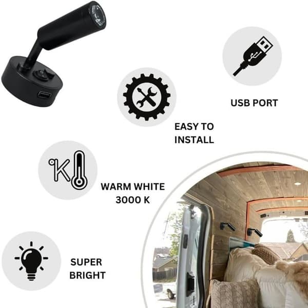 LED-læselamper - Sæt med 2 - Mat sort - 3000K belysning og USB - Autocamper og båd - Base