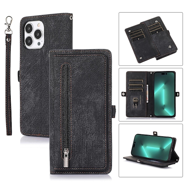 Multi Kort Mobiltelefon Læder Etui Til iPhone 15 Pro Max Black