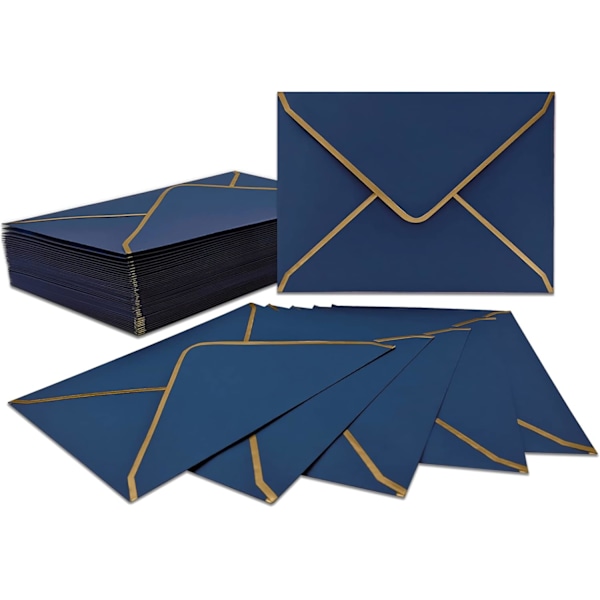 50 STK Invitasjonskonvolutter 18,5 x 13,5 cm, Konvolutter 5 x 7 tommer V-Klaff Postkort Konvolutter Hurtigforsegling Konvolutter med Gullkant for Hilsningskort Blue