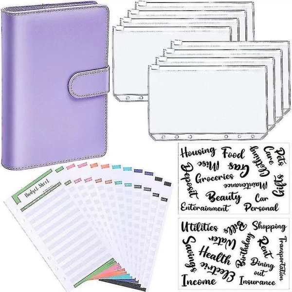 a6 Pärm Budget Planner Notebook-omslag Mappstorlek 6-hålsfickor Plastdragkedja Pengsparande kuvert (lila