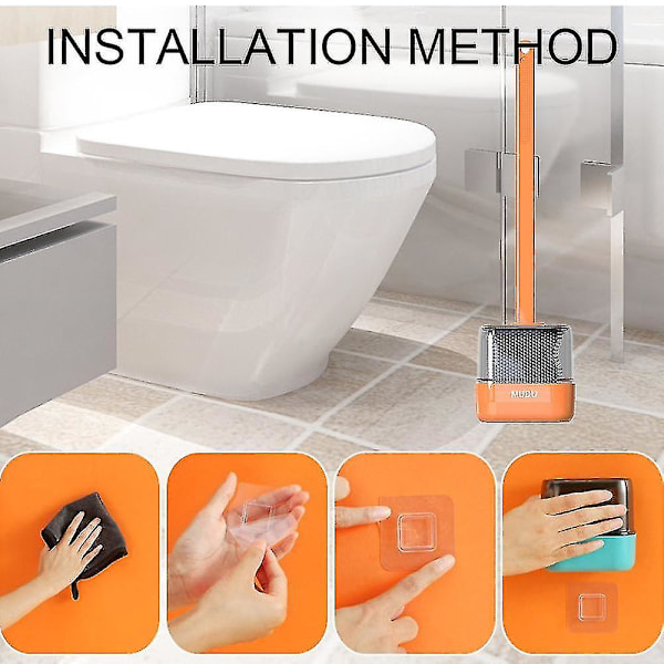 Toiletbørste og holder i silikone, toiletbørste og holder, toilet L-børste, rengør nemt toilet hjørner Orange