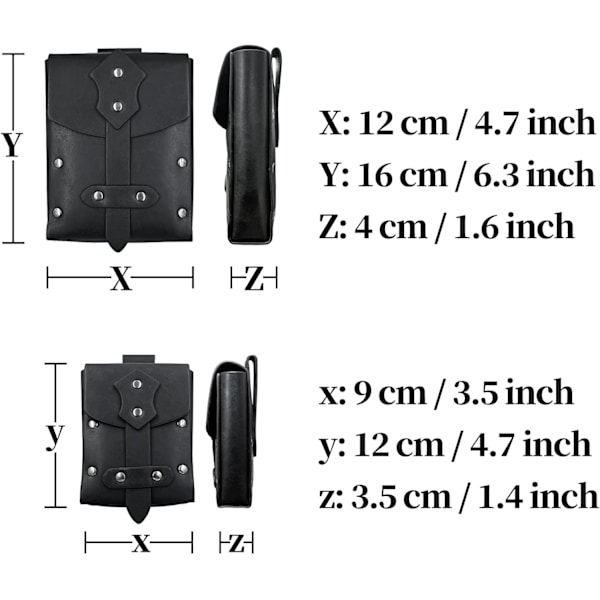 2 st medeltida konstläder nitade bältesväskor, retro renässansbältesväska, bärbar midjeväska sidopack Black