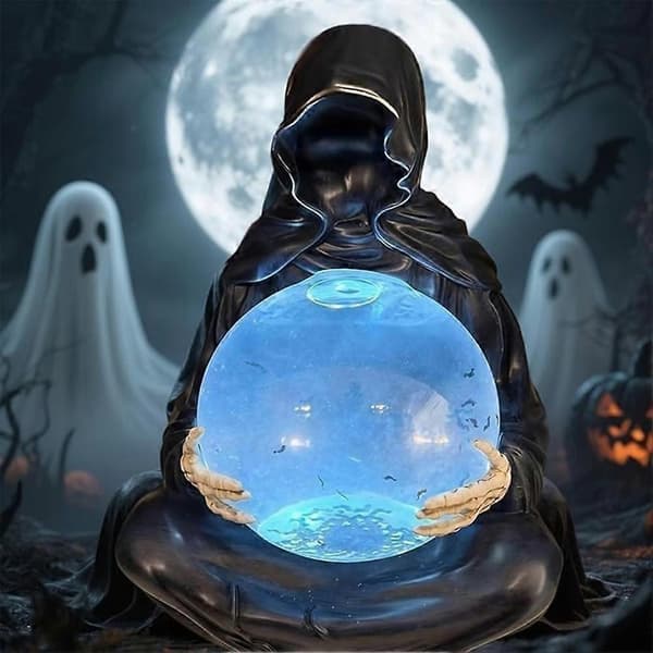Grim Reaper-statue med flygende flaggermus krystallkule, LED-lys Grim Reaper vannklode Halloween-dekor