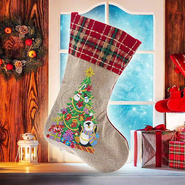 Julstrumpor Diamantmålning Kits för Vuxna Nybörjare, 4 Pack Kamin Hängande Strumpor, DIY Strassmålning Julgransprydnader Christmas 2
