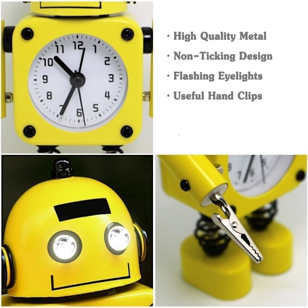 Väckarklocka i rostfritt stål robot - Väckarklocka med blinkande ögon och handklämma Yellow