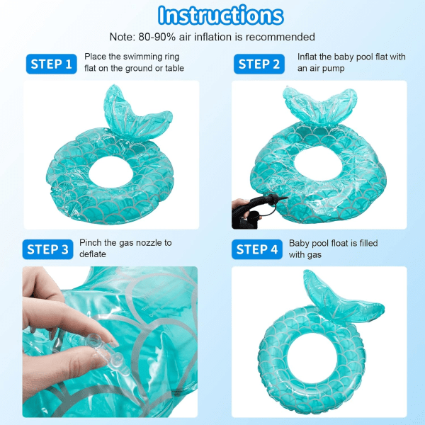 Svømmering til børn, holdbare oppustelige pool floats, havfrue anime gummi float ring, flydende sommer strandfest for 4-9 børn og vandsport Mermaid Blue