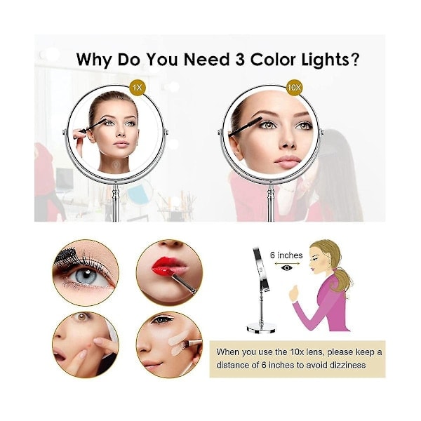 10x LED Spejl med Genopladelige Makeup Spejle med 3 Farver, Justerbar Lysstyrke Forstørrelses Kosmetik Spejl 2 Sider