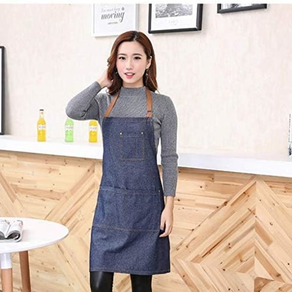 Unisex Denimforklær med lommer, justerbart denimkjøkkenforkle med 3 lommer for kvinner og menn, til kjøkken, matlaging, hagearbeid og restaurant