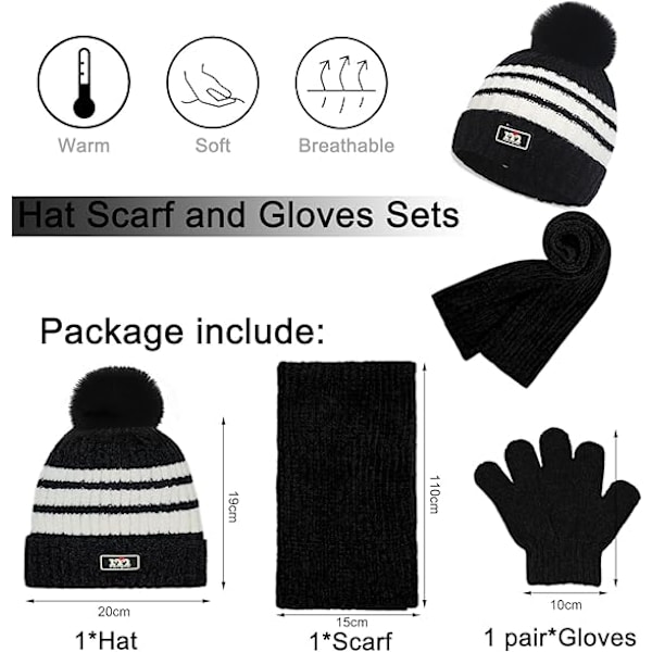 3-pack Vintermössa, Halsduk och Vantar för Barn 2-8 år - Pojkar och Flickor. Vintertillbehör Set, Tjock Stickad Varm Fleecefodrad Termisk Set Black