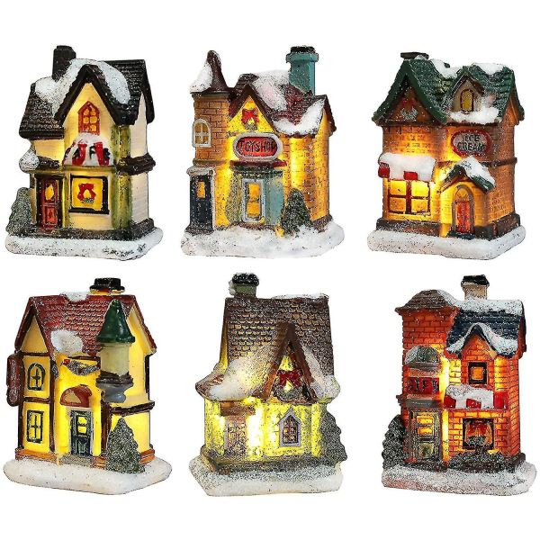 6 Julebyhuse med belysning, julepynt, 5,5 * 4,5 * 8 cm