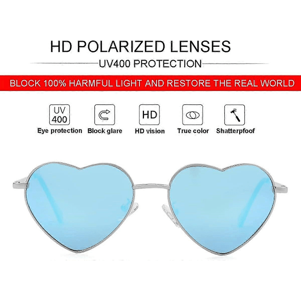 SDIGV Polariserte Hjerte Solbriller for Kvinner Mote Nydelig Stil Metallramme UV400 Beskyttelse Linse Silver Blue Mirror