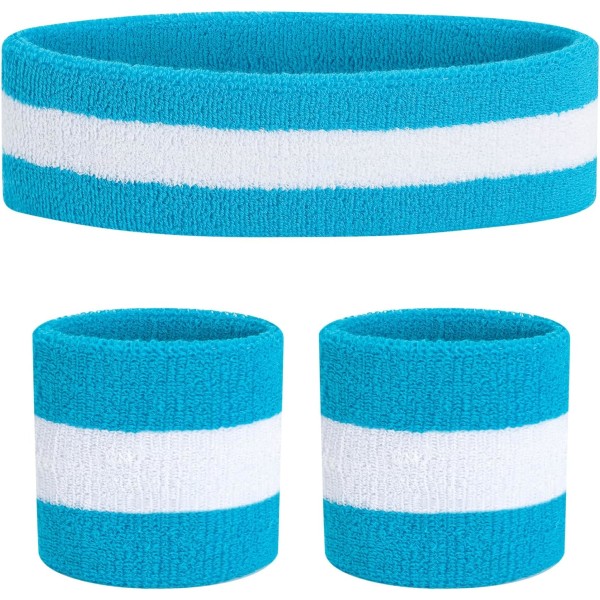 Set med 3 svettband Sport pannband handledssvettband frotté handledssvettband basketboll handledssvettband och fukttransporterande pannband Sky Blue/White/Sky Blue