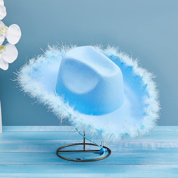 Cowboyhatter for kvinner med fluffy fjærkant - Cowgirl-hatt for jenter, kostymefest, rollespill Blue