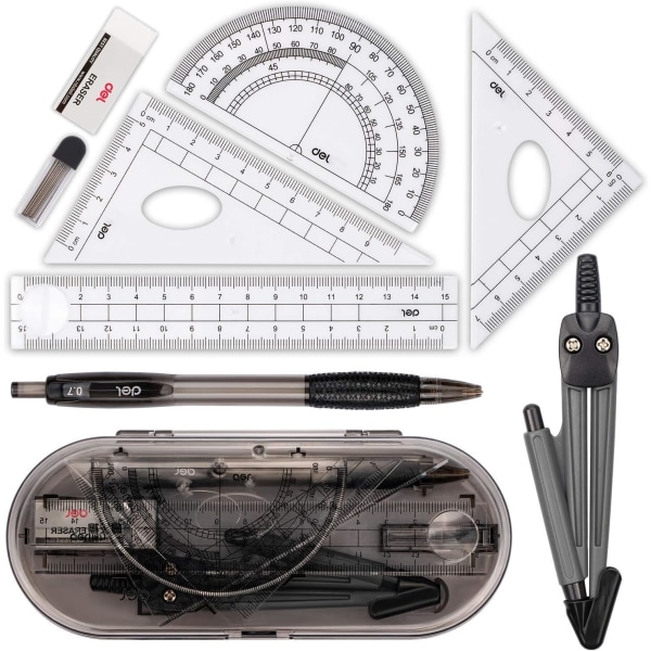 Tegnetest lineal, skoleartikler, tegnepasser, vinkelmåler, lineal, blyantkerne, blyant, studenterviskelæder