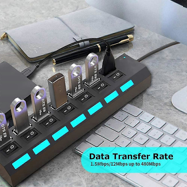 7-Port USB 2.0 Hub med Individuella Strömbrytare och LED-lampor, USB Hub 2.0 Splitter för Alla USB-enheter