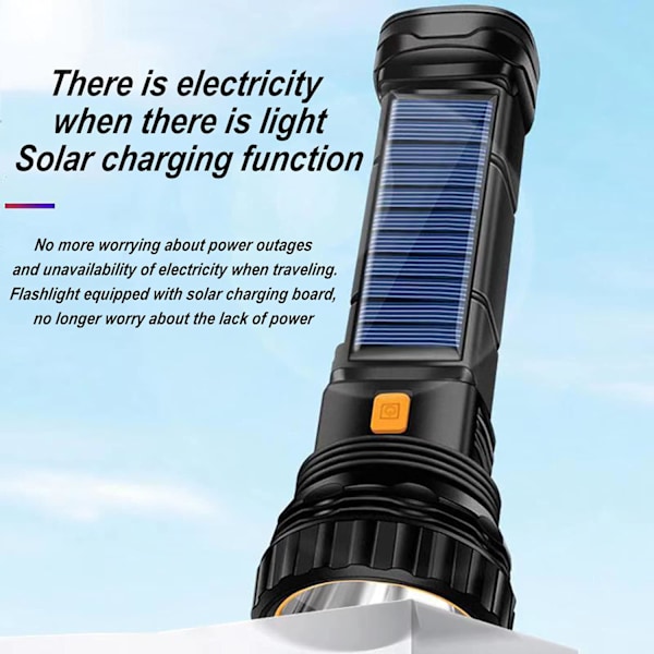 Solcelle/Ladesbar Multifunksjons LED-lommelykt med 1000 Lumen, Nødstrobelys og 1200 mAh Batteri, Nødstromforsyning og USB