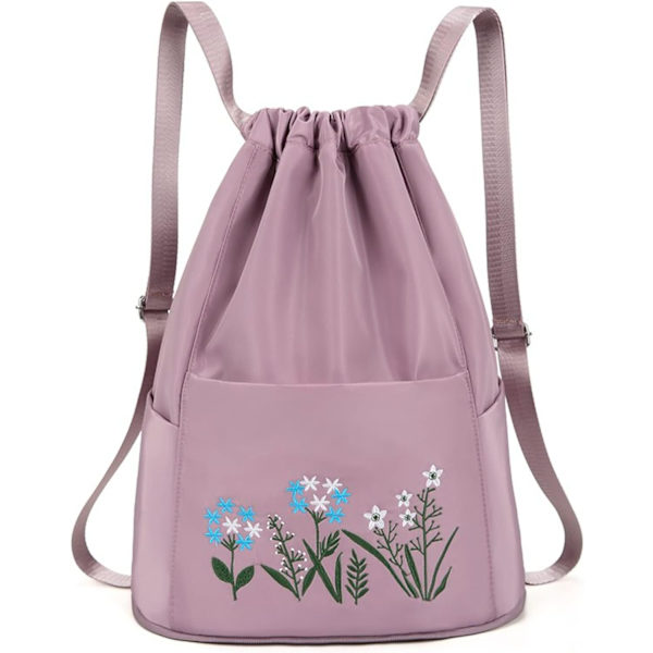 Foldbar Weekendbag med Trekkstreng for Kvinner - Broderte Estetiske Ryggsekker - Treningsbag med Tørr/Vått Separasjon