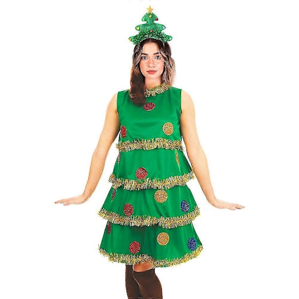 Julgran Kostym för Kvinnor 5-Delars Klänningsset med Väska, Hårband, Glasögon och Strumpor Cosplay Outfit L
