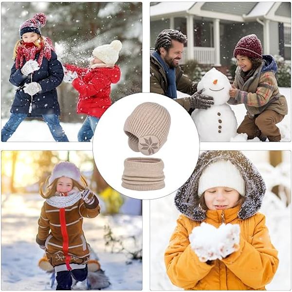 Vintermössa och halsdukssats för barn | Stickad halsduk och mössa för utomhussporter - Snöflingemönster Elastisk förtjockning Utomhussporter Mössa och halsdukssats Beige