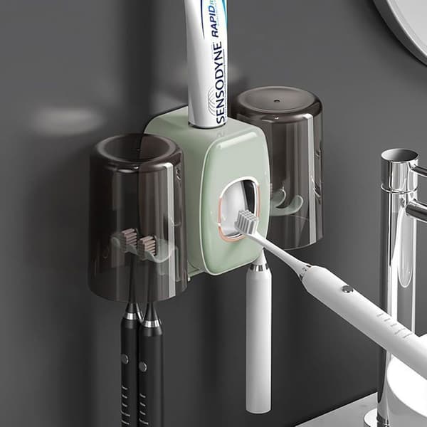 Vægmonteret tandbørsteholder med 4 pladser og tandpastadispenser. Inkluderer 2 kopper, nem installation. Grøn.