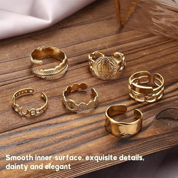 18K Guldpläterade Ringar för Kvinnor Rostfritt Stål Statement Ringar Pack Stapelbara Boho Midi Ringar Justerbar Öppen Ring Band Vridna Signetringar Guld
