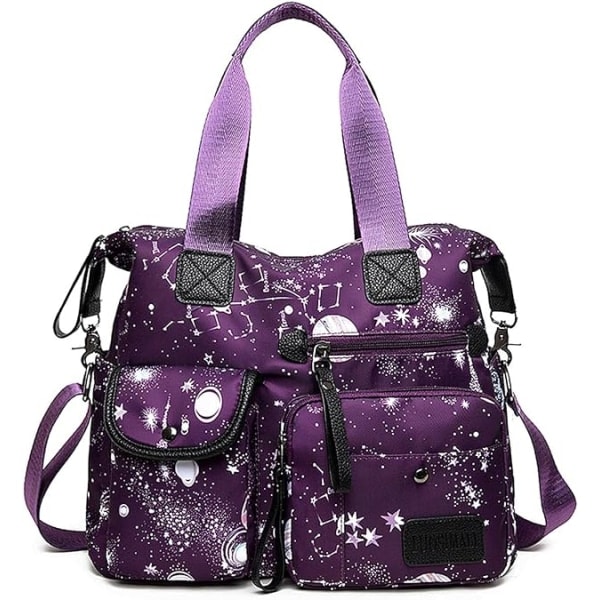Tote bag for kvinner, romslig veske med håndtak og flere lommer og glidelås, lett skulderveske for damer, nylonveske over skulderen Purple