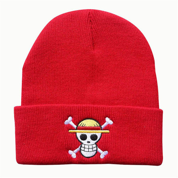 One Piece Anime Tema Pirat Monkey D. Luffy Mønster Beanie Hat til Mænd Kvinder Unisex Vinter Varmt Cuff Cap Blød Stræk Strikket Beanies Red