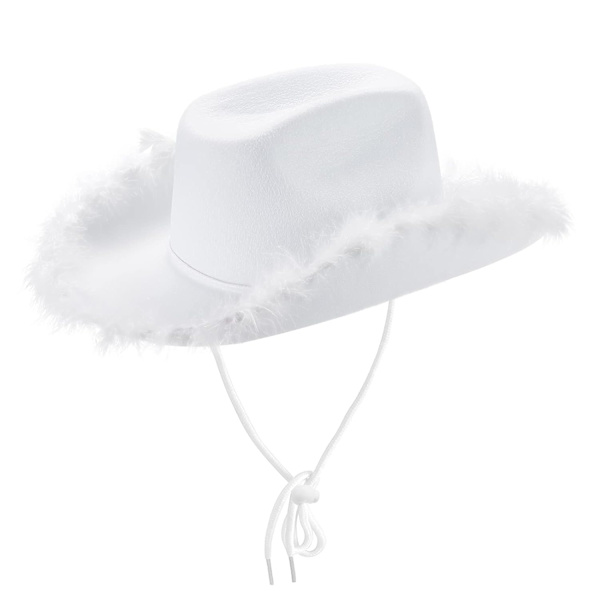 Cowboyhatter for kvinner med fluffy fjærkant - Cowgirl-hatt for jenter, kostymefest, rollespill White