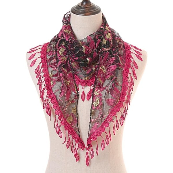 Scarfar för Kvinnor Mode Spets Triangelscarf Transparent Utskuren Blommig Tofsscarf Färg Triangelscarf Sjal för Kvinnor, Rosröd