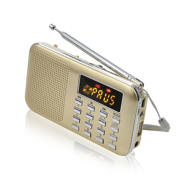 Bärbar radio, FM Am batteri och nätradio, mp3, högtalare, support TF-kort/ USB, ficklampa golden