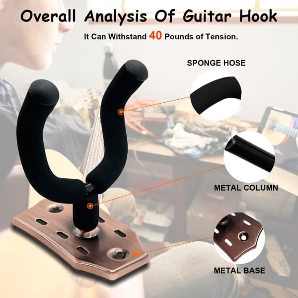 Väggmonterat gitarrställ 2-pack, metallgitarrhängare med skruvar, gitarrfäste med skyddande svamp, gitarrhållare lämplig för bas/gitarr