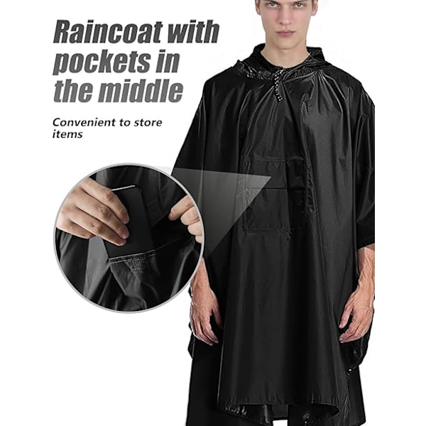 Vattentät poncho för vuxna, återanvändbar regnponcho för vuxna, vattentät poncho, vattentät, lätt regnrock för utomhusvandring och camping Black